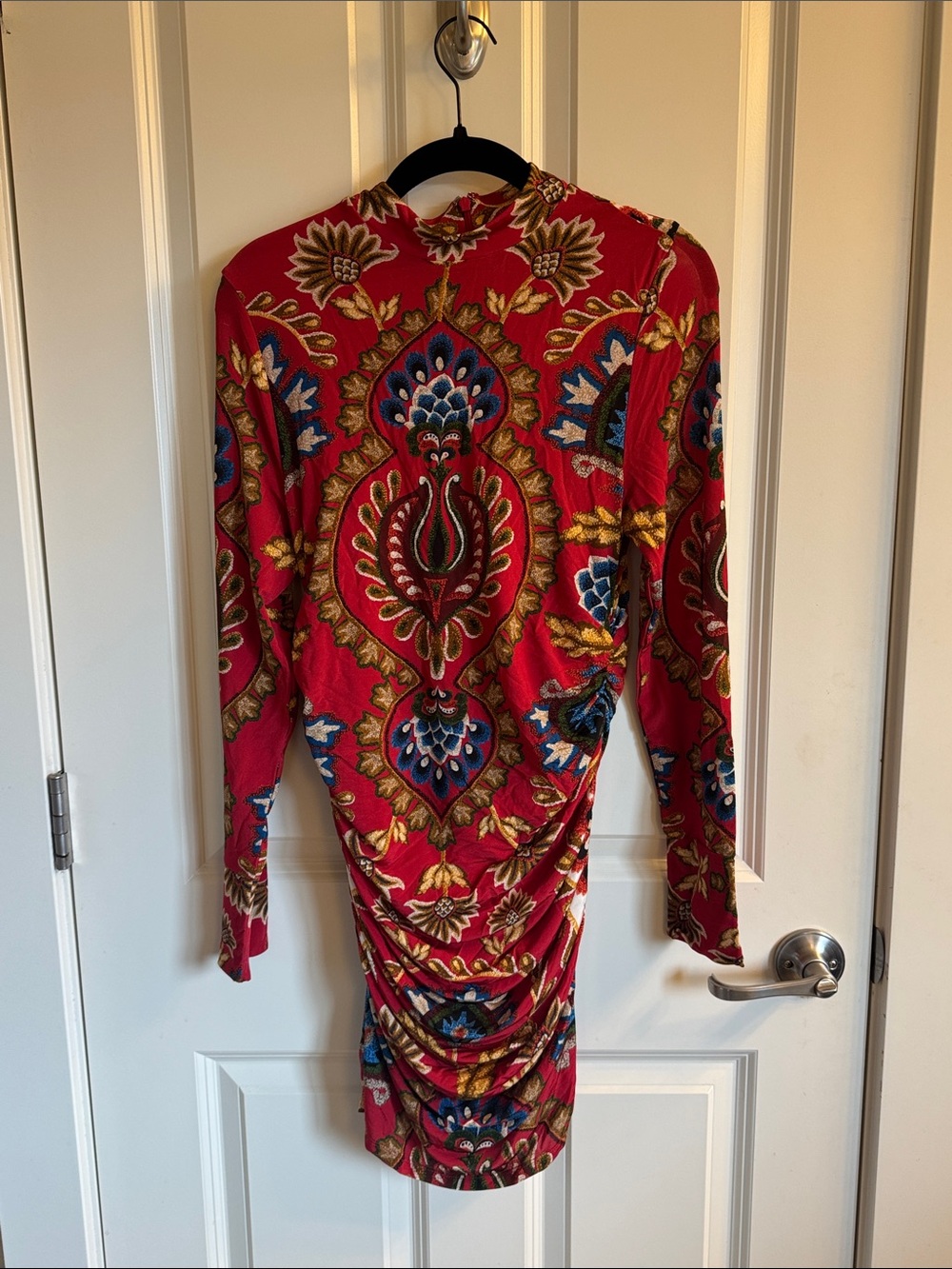 FARM Rio Red Paisley and Floral Long-Sleeve Ruched Dress